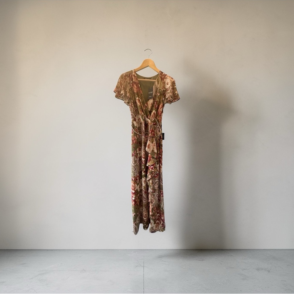Ralph Lauren Floral Wrap Maxi Dress in Olive and Rose Tones